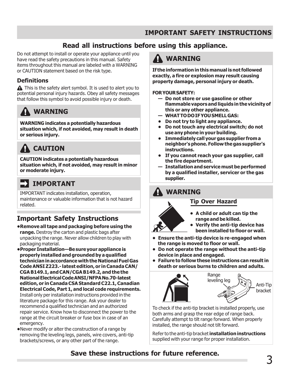 Read all instructions before using this appliance, Caution, Important safety instructions | Warning | FRIGIDAIRE 316901202 User Manual | Page 3 / 36