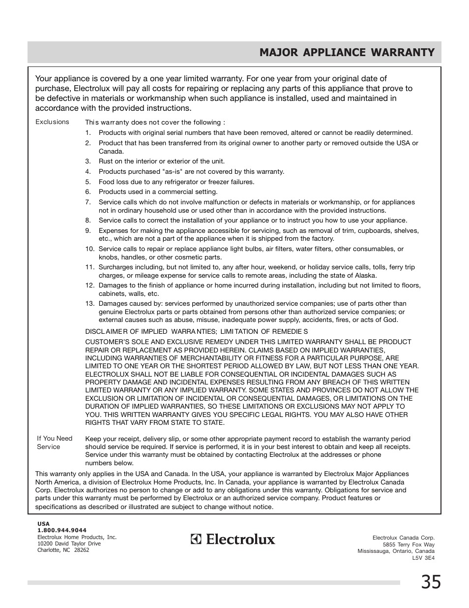 Major appliance warranty | FRIGIDAIRE 316901202 User Manual | Page 35 / 36