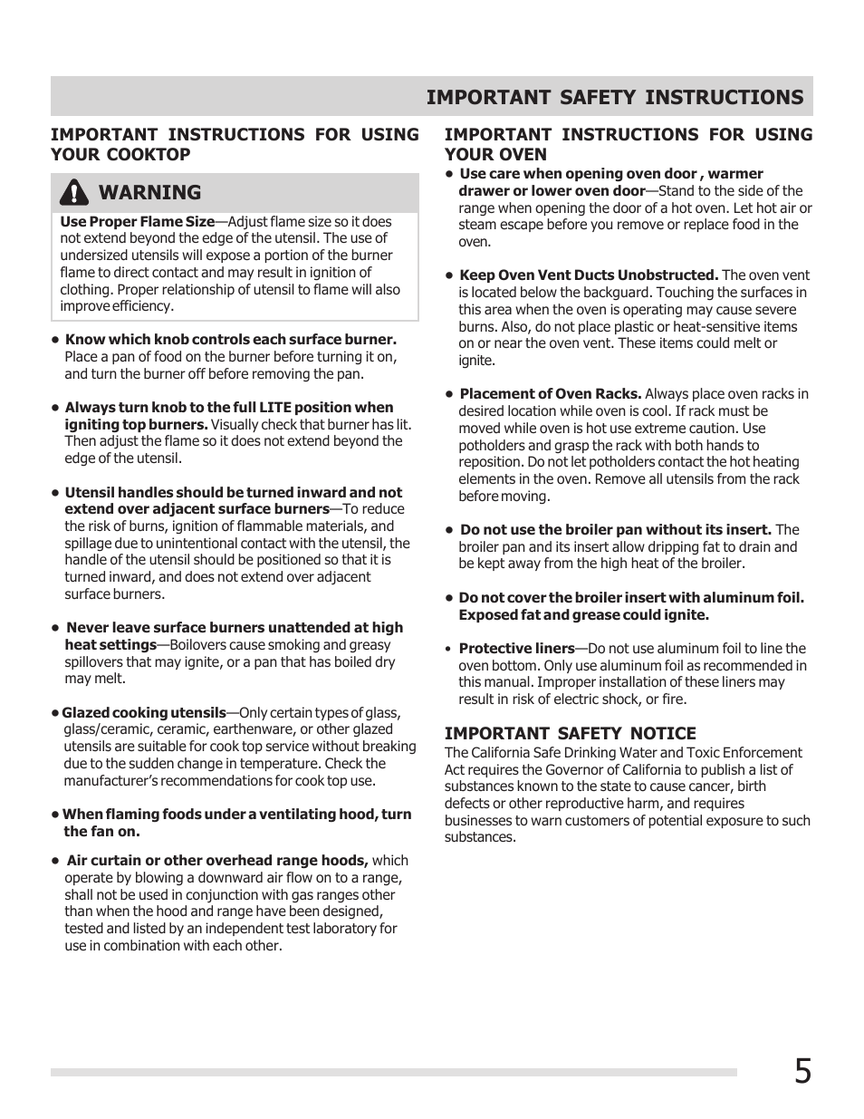 Important safety instructions, Warning | FRIGIDAIRE 316901202 User Manual | Page 5 / 36