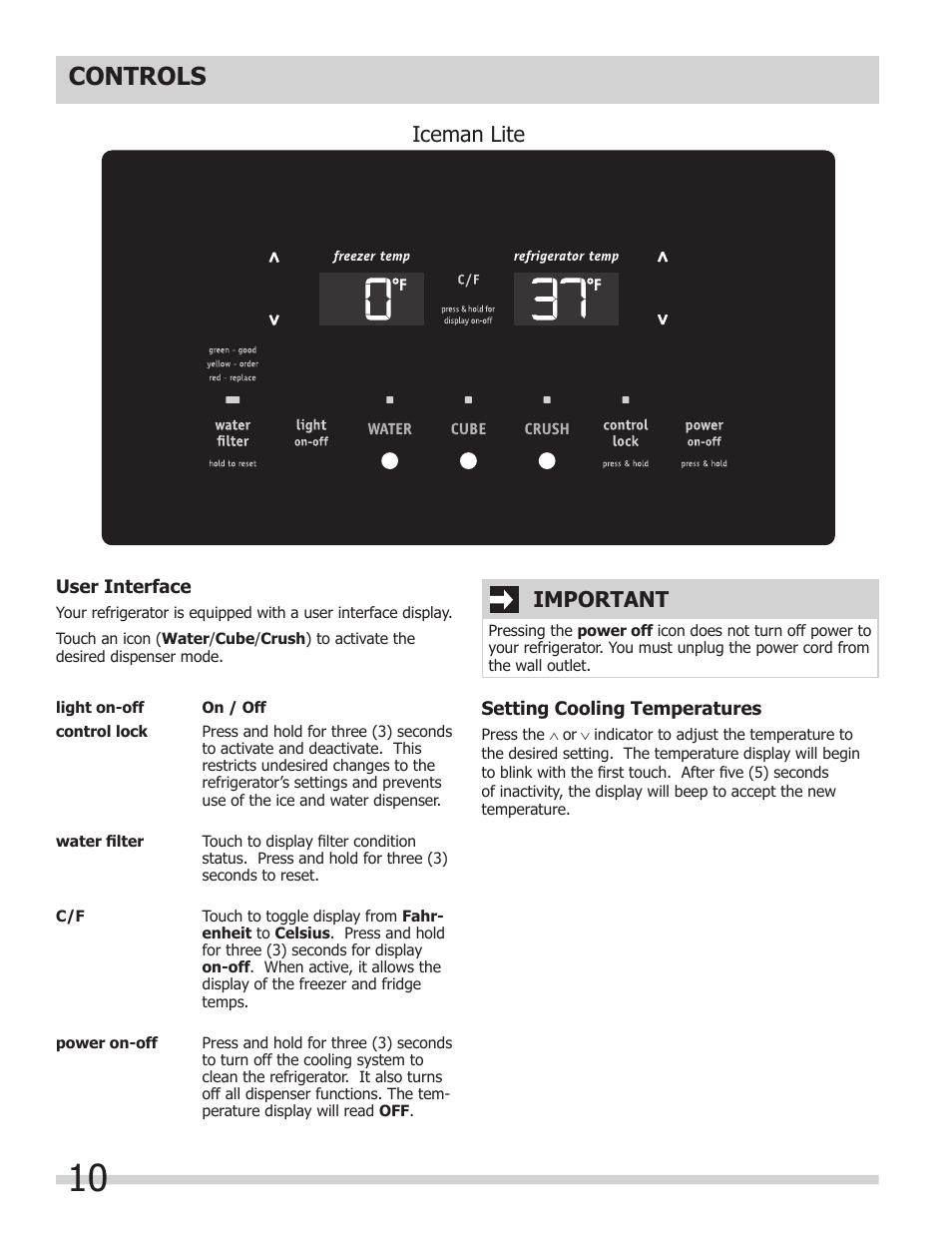 Controls, Important, Iceman lite | FRIGIDAIRE 242111900 User Manual | Page 10 / 20