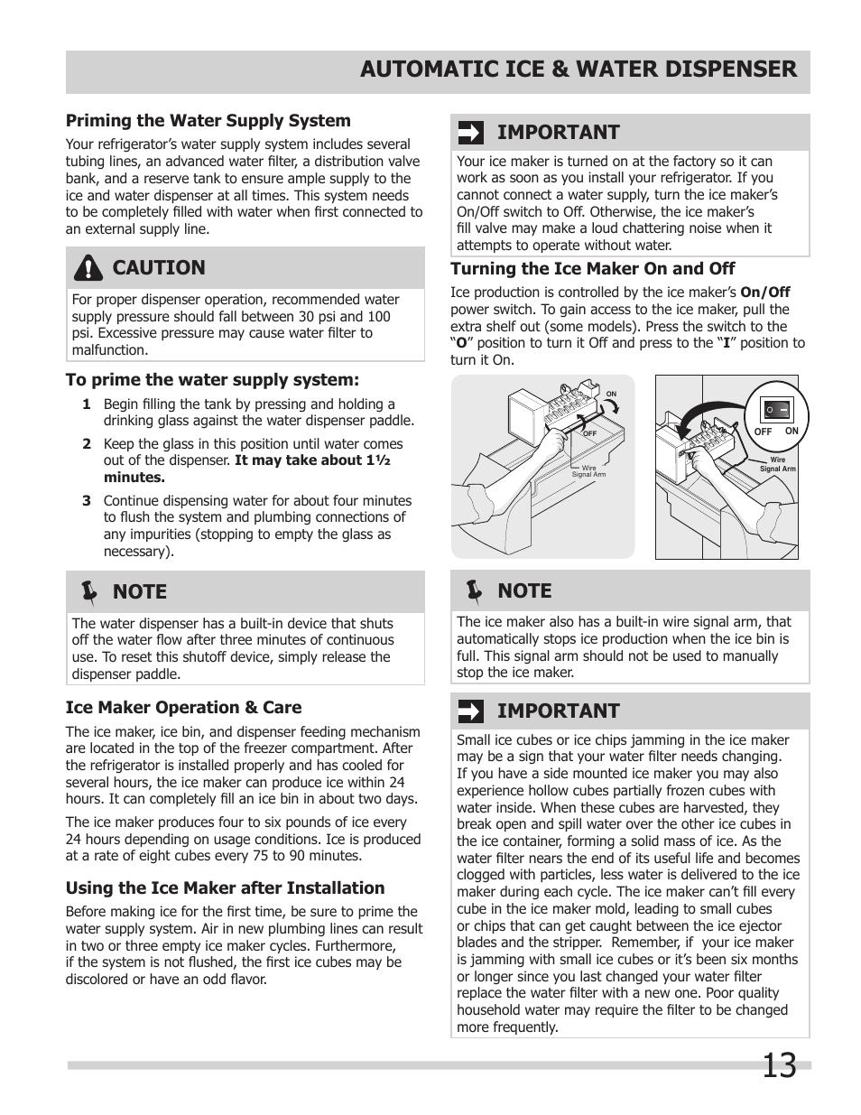 Automatic ice & water dispenser, Important, Caution | FRIGIDAIRE 242111900 User Manual | Page 13 / 20