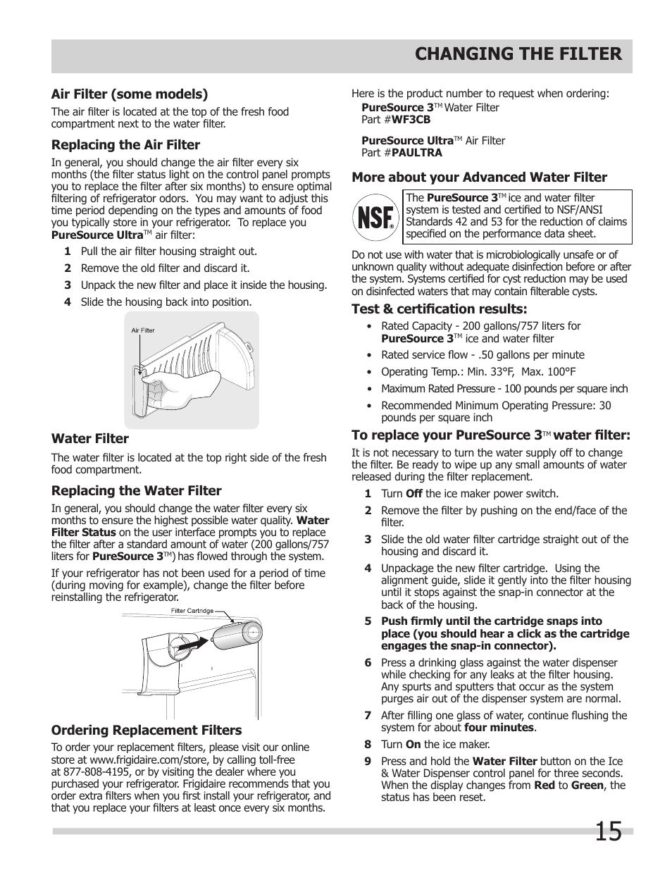 Changing the filter | FRIGIDAIRE 242111900 User Manual | Page 15 / 20