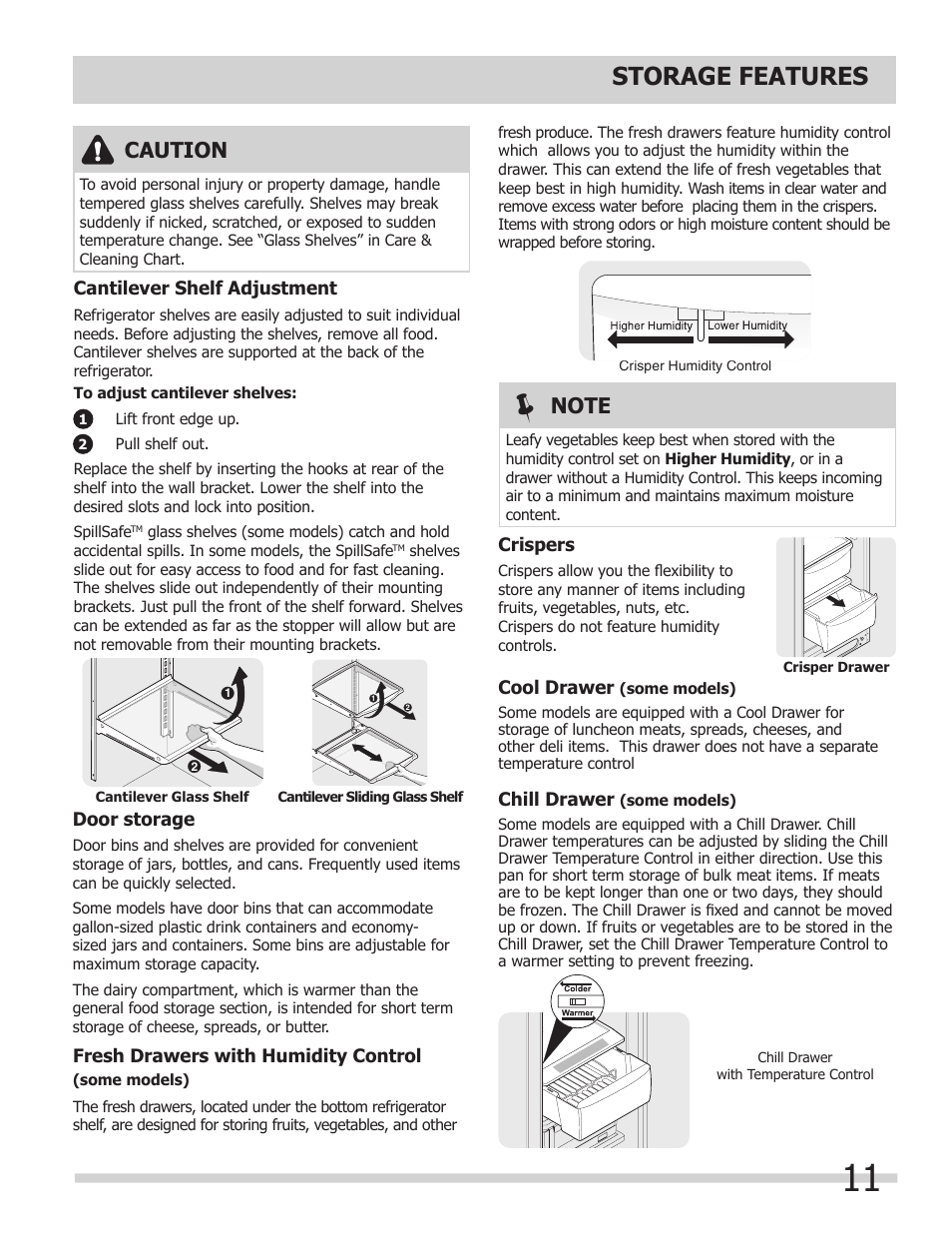 Storage features, Caution | FRIGIDAIRE FGHS2367KE User Manual | Page 11 / 20