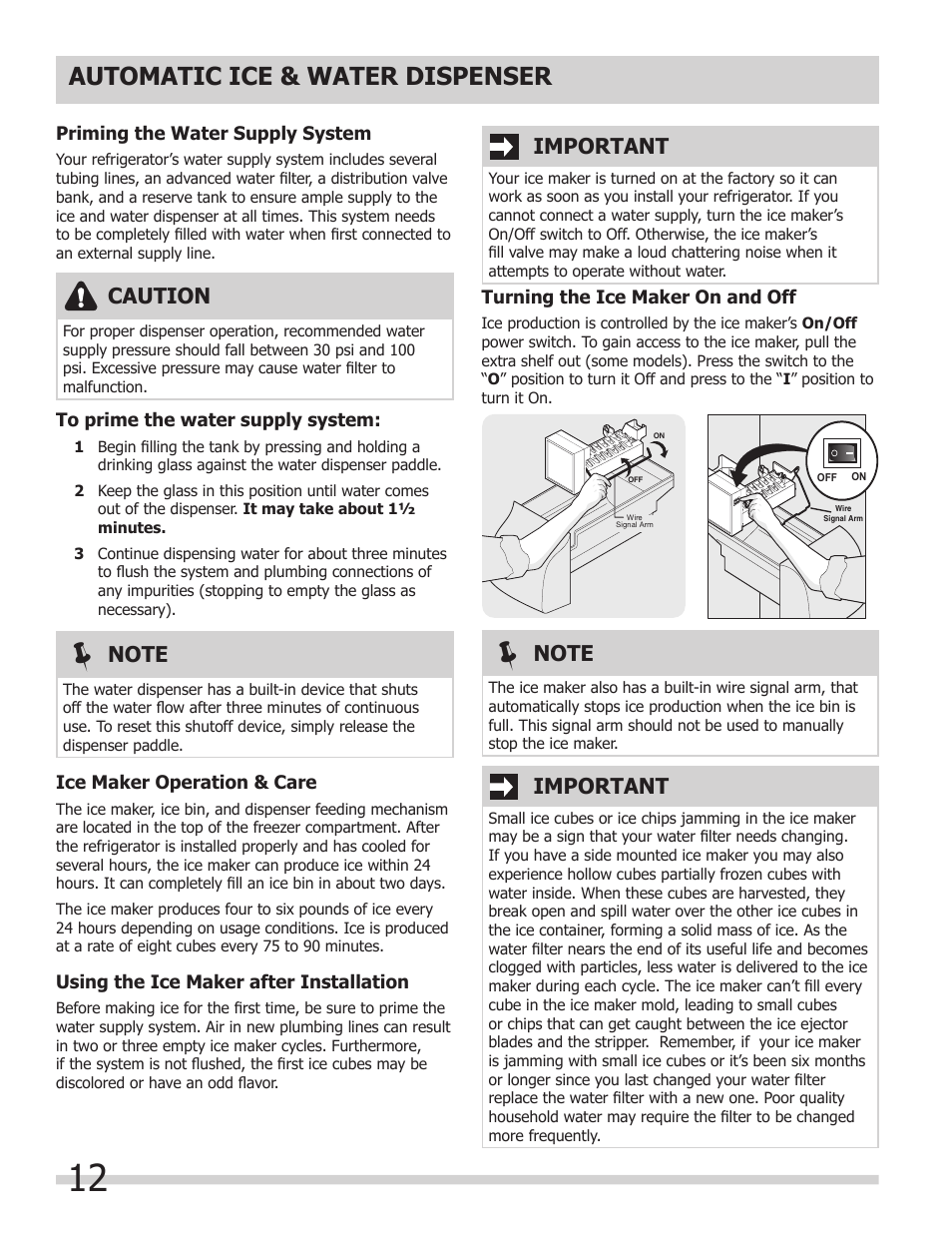 Automatic ice & water dispenser, Important, Caution | FRIGIDAIRE FGHS2367KE User Manual | Page 12 / 20