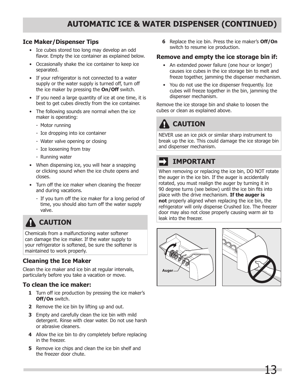 Automatic ice & water dispenser (continued), Caution, Important | FRIGIDAIRE FGHS2367KE User Manual | Page 13 / 20