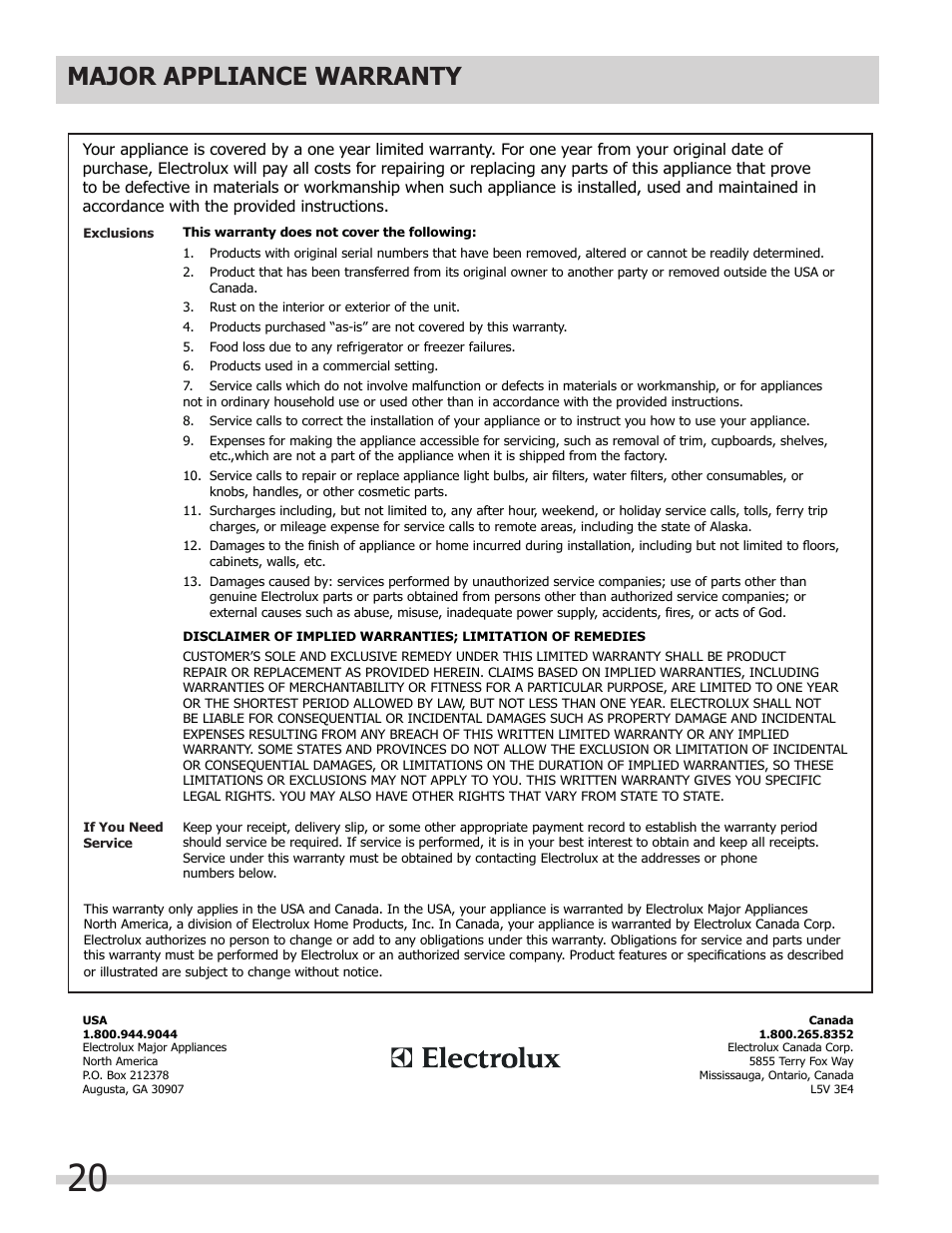 Major appliance warranty information, Major appliance warranty | FRIGIDAIRE FGHS2367KE User Manual | Page 20 / 20