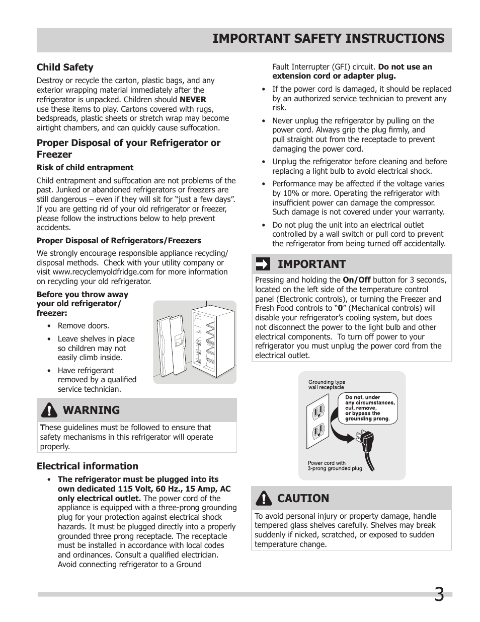 Important safety instructions, Warning, Important | Caution | FRIGIDAIRE FGHS2367KE User Manual | Page 3 / 20