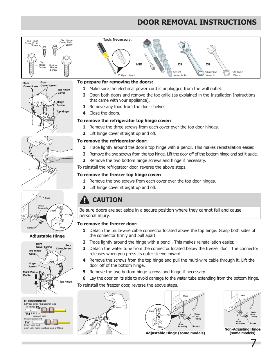 Door removal instructions, Caution | FRIGIDAIRE FGHS2367KE User Manual | Page 7 / 20