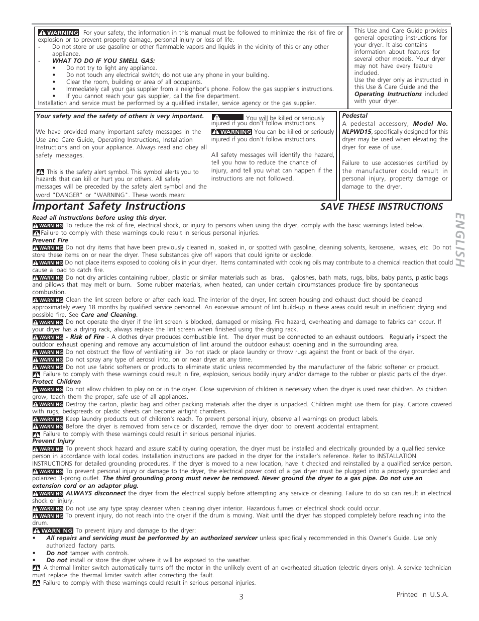 English, Important safety instructions, Save these instructions | FRIGIDAIRE NLPWD15 User Manual | Page 3 / 6