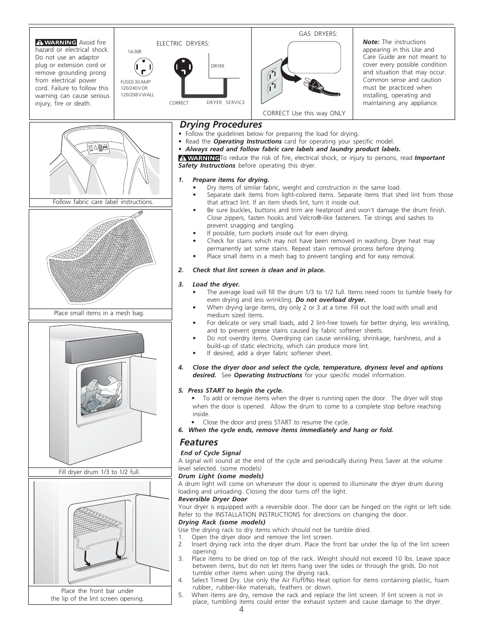 Features, Drying procedures | FRIGIDAIRE NLPWD15 User Manual | Page 4 / 6