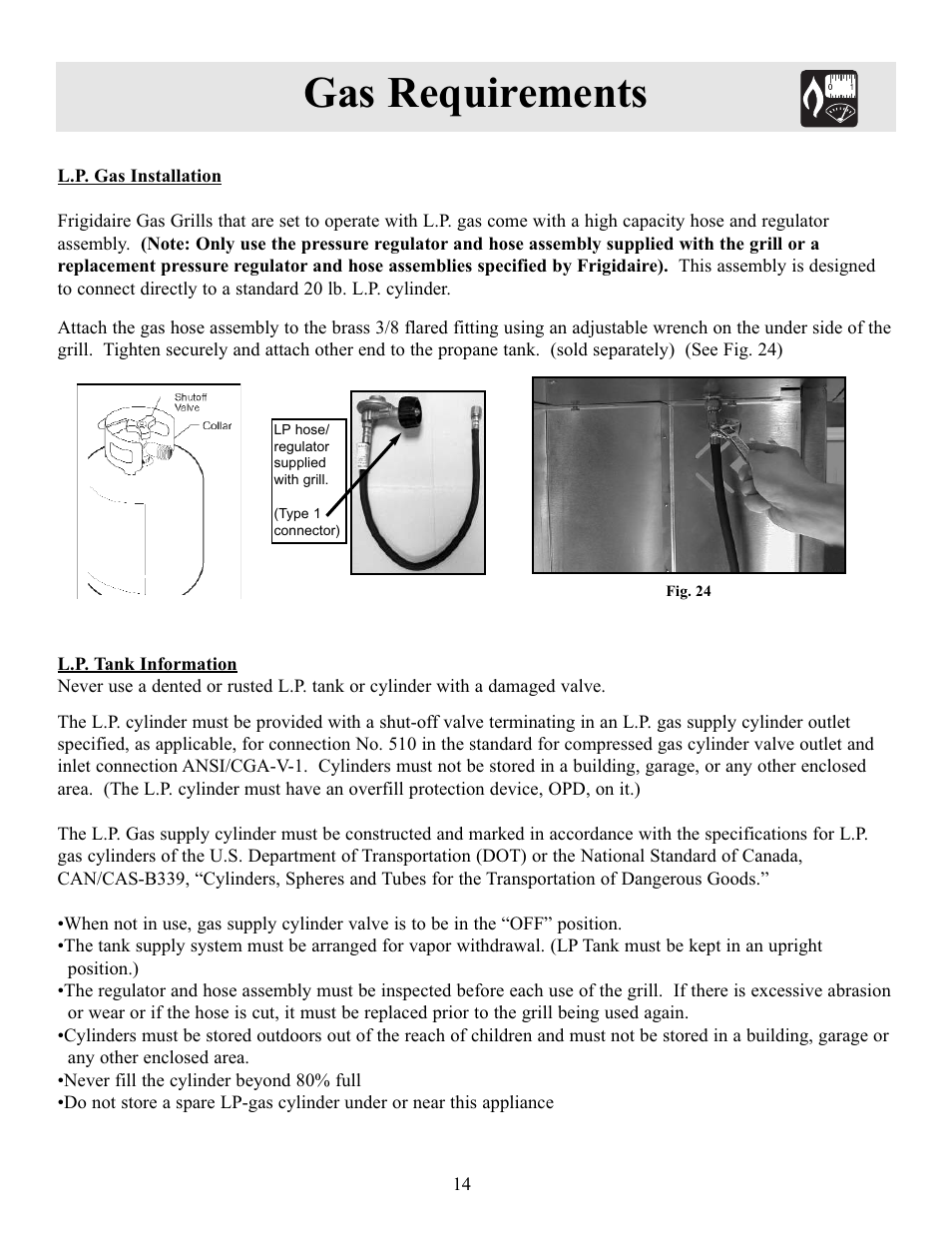 Gas requirements | FRIGIDAIRE Electric Patio Grill User Manual | Page 15 / 24