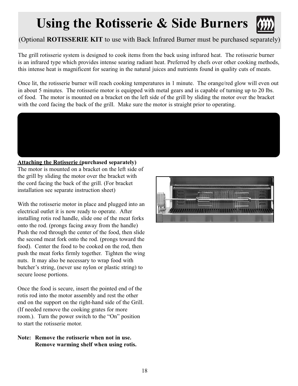 Using the rotisserie & side burners | FRIGIDAIRE Electric Patio Grill User Manual | Page 19 / 24