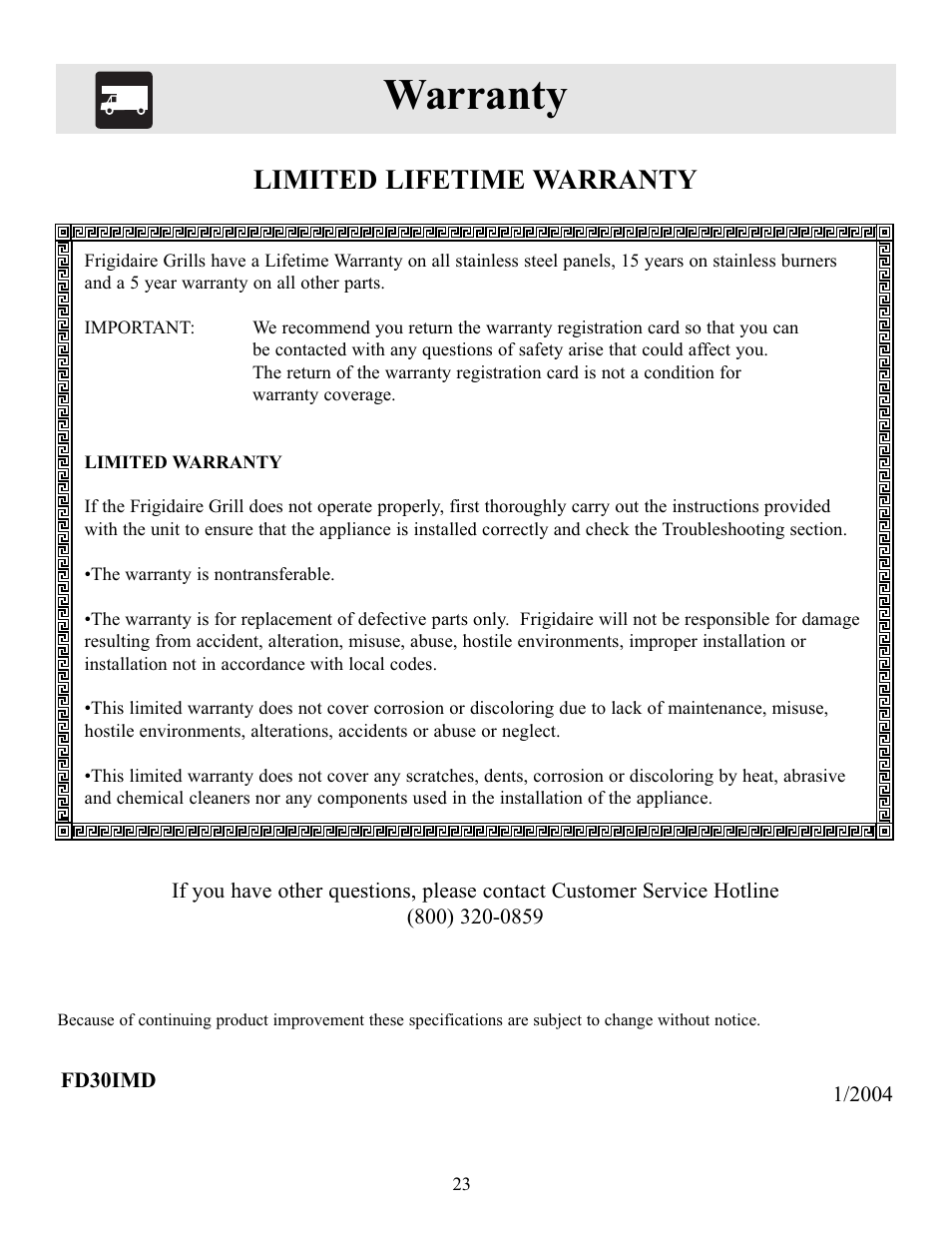 Warranty, Limited lifetime warranty | FRIGIDAIRE Electric Patio Grill User Manual | Page 24 / 24