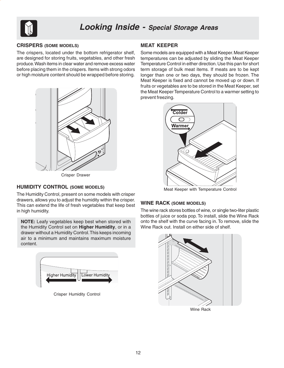 Looking inside, Special storage areas | FRIGIDAIRE Compact Refrigerator User Manual | Page 12 / 26