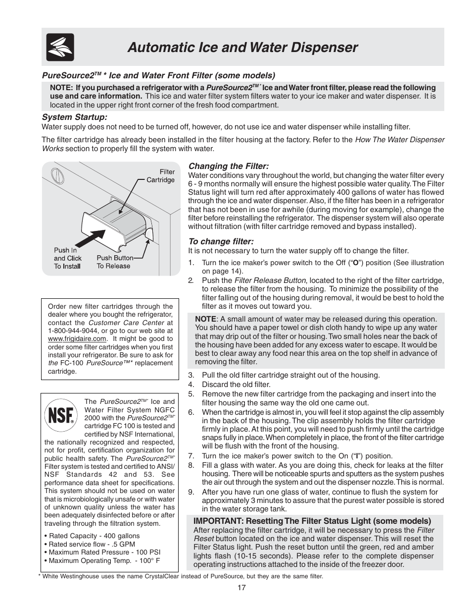 Automatic ice and water dispenser | FRIGIDAIRE Compact Refrigerator User Manual | Page 17 / 26