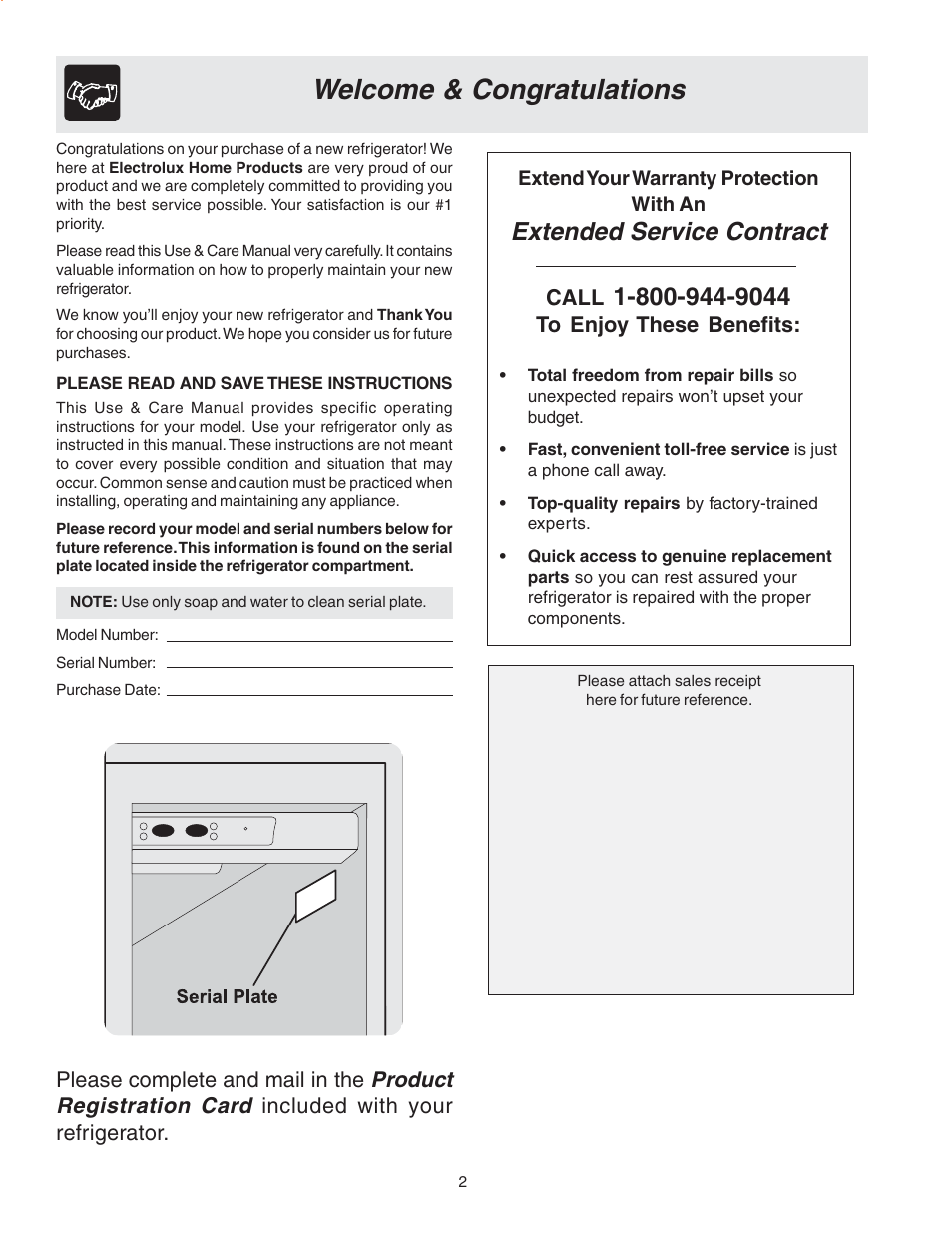 Extended service contract, Product registration card | FRIGIDAIRE Compact Refrigerator User Manual | Page 2 / 26