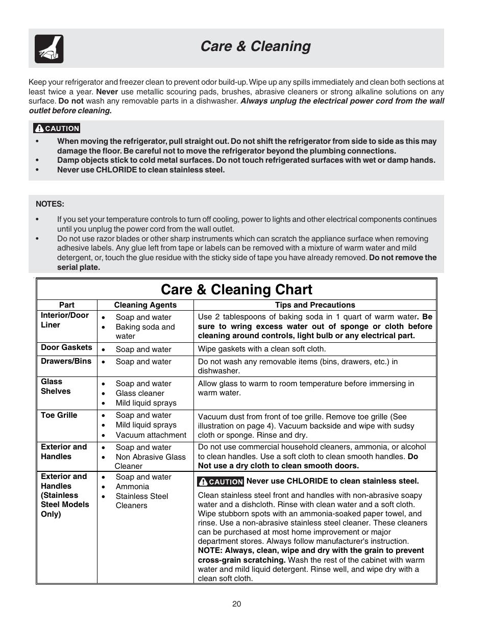 Care & cleaning, Care & cleaning chart | FRIGIDAIRE Compact Refrigerator User Manual | Page 20 / 26