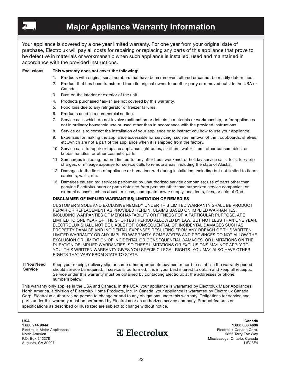 Major appliance warranty information | FRIGIDAIRE Compact Refrigerator User Manual | Page 22 / 26