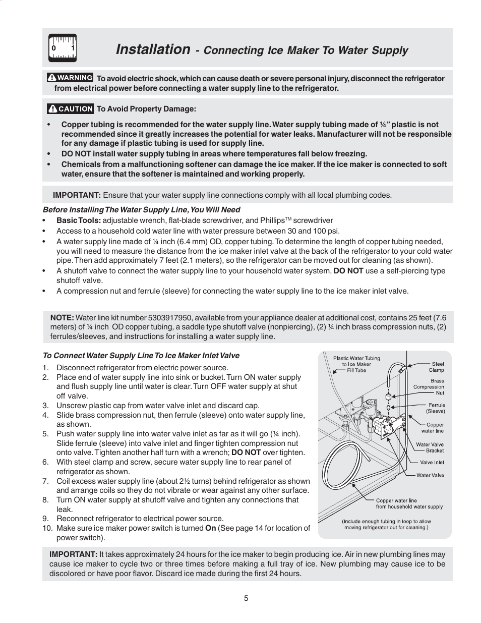 Installation, Connecting ice maker to water supply | FRIGIDAIRE Compact Refrigerator User Manual | Page 5 / 26