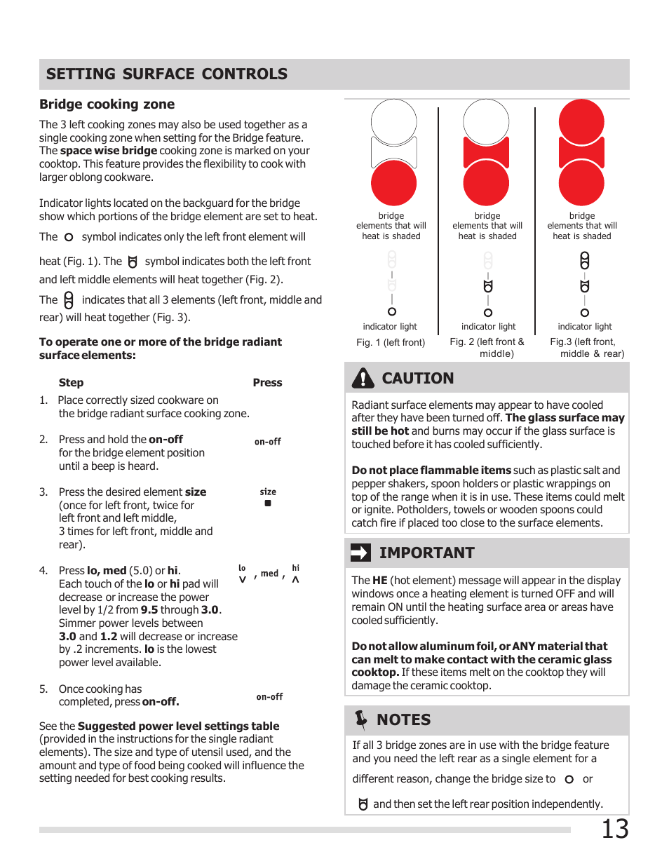 Setting surface controls, Caution, Important | FRIGIDAIRE 316902300 User Manual | Page 13 / 40