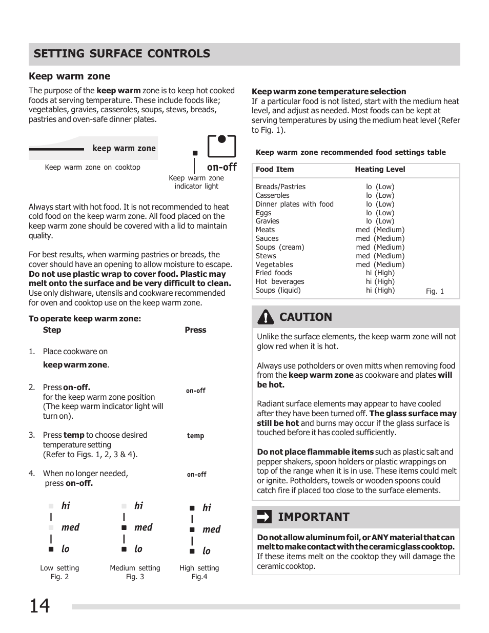 Setting surface controls, Caution, Important | FRIGIDAIRE 316902300 User Manual | Page 14 / 40
