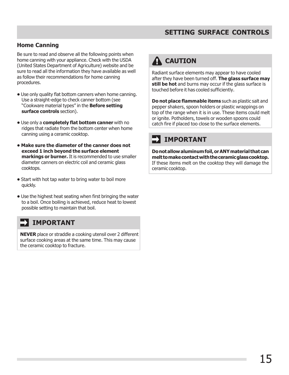 Caution, Important, Setting surface controls | FRIGIDAIRE 316902300 User Manual | Page 15 / 40
