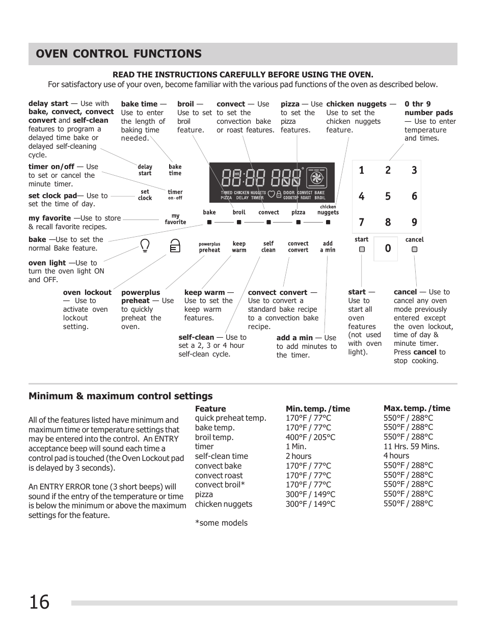 Oven control functions | FRIGIDAIRE 316902300 User Manual | Page 16 / 40