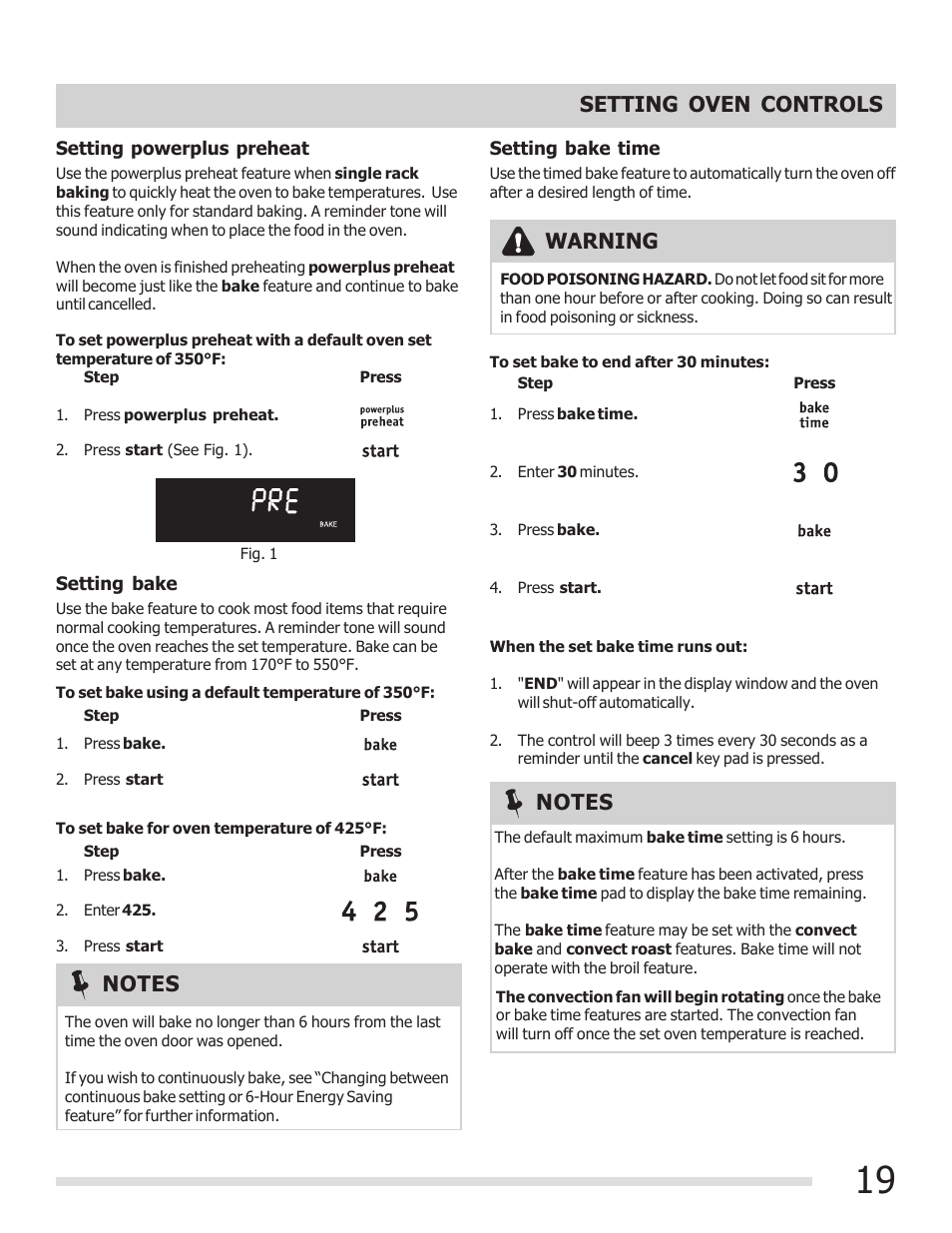 Warning, Setting oven controls | FRIGIDAIRE 316902300 User Manual | Page 19 / 40