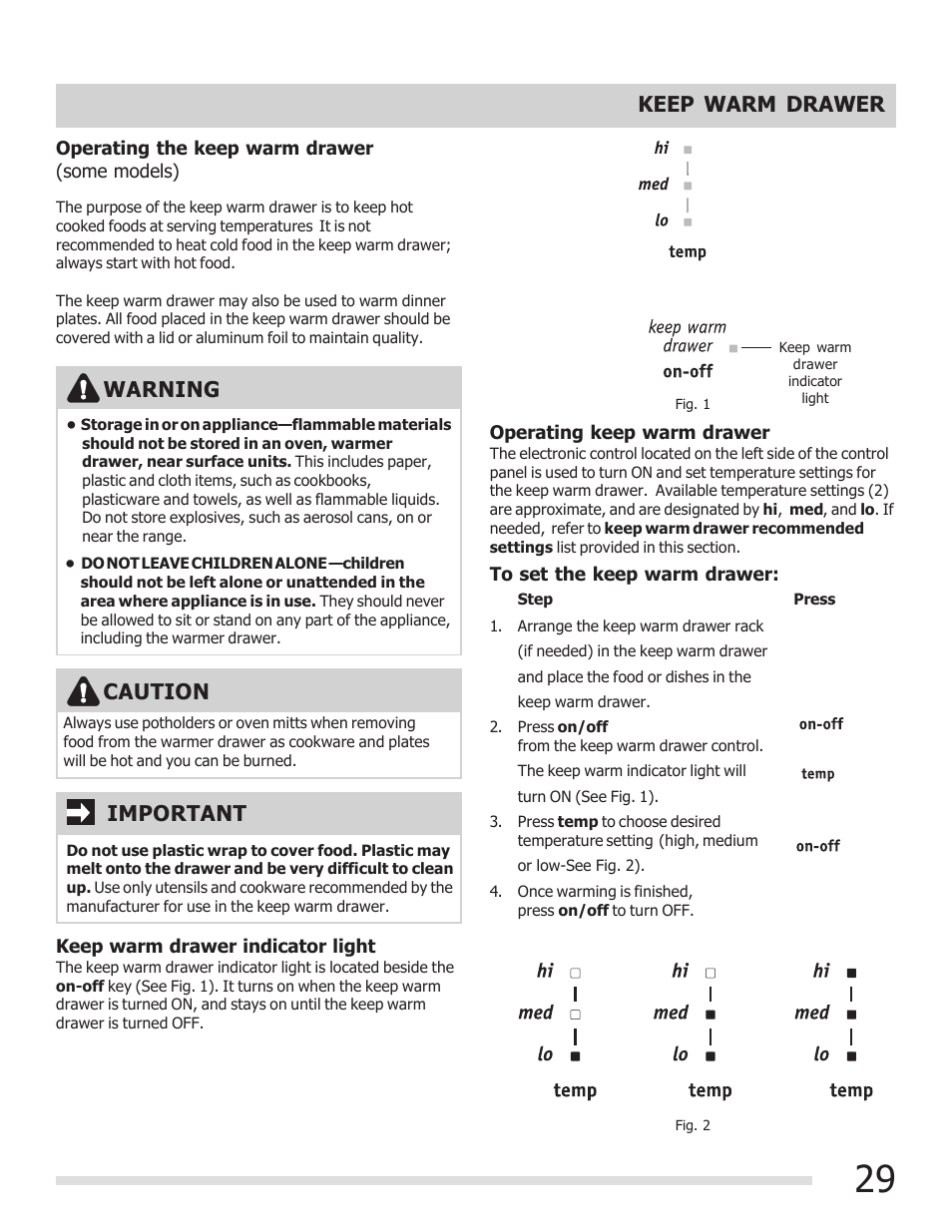 Keep warm drawer, Warning, Caution | Important | FRIGIDAIRE 316902300 User Manual | Page 29 / 40