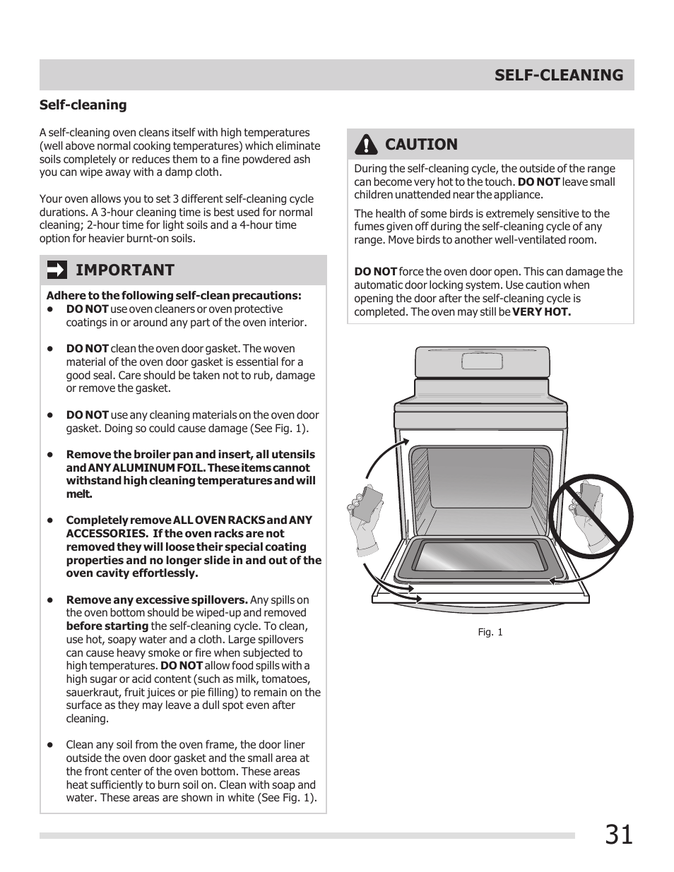 Caution, Important self-cleaning | FRIGIDAIRE 316902300 User Manual | Page 31 / 40
