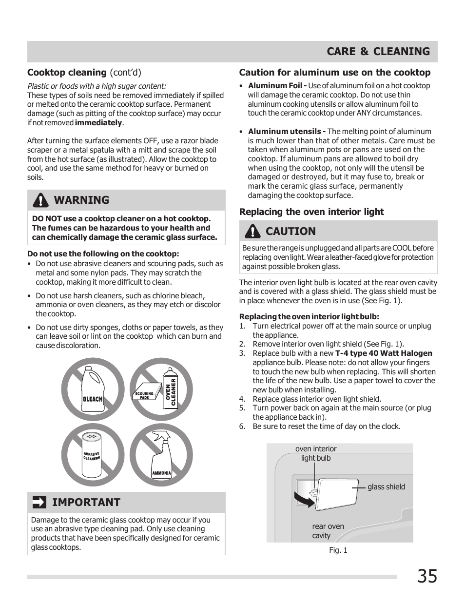 Care & cleaning, Important, Warning | Caution | FRIGIDAIRE 316902300 User Manual | Page 35 / 40