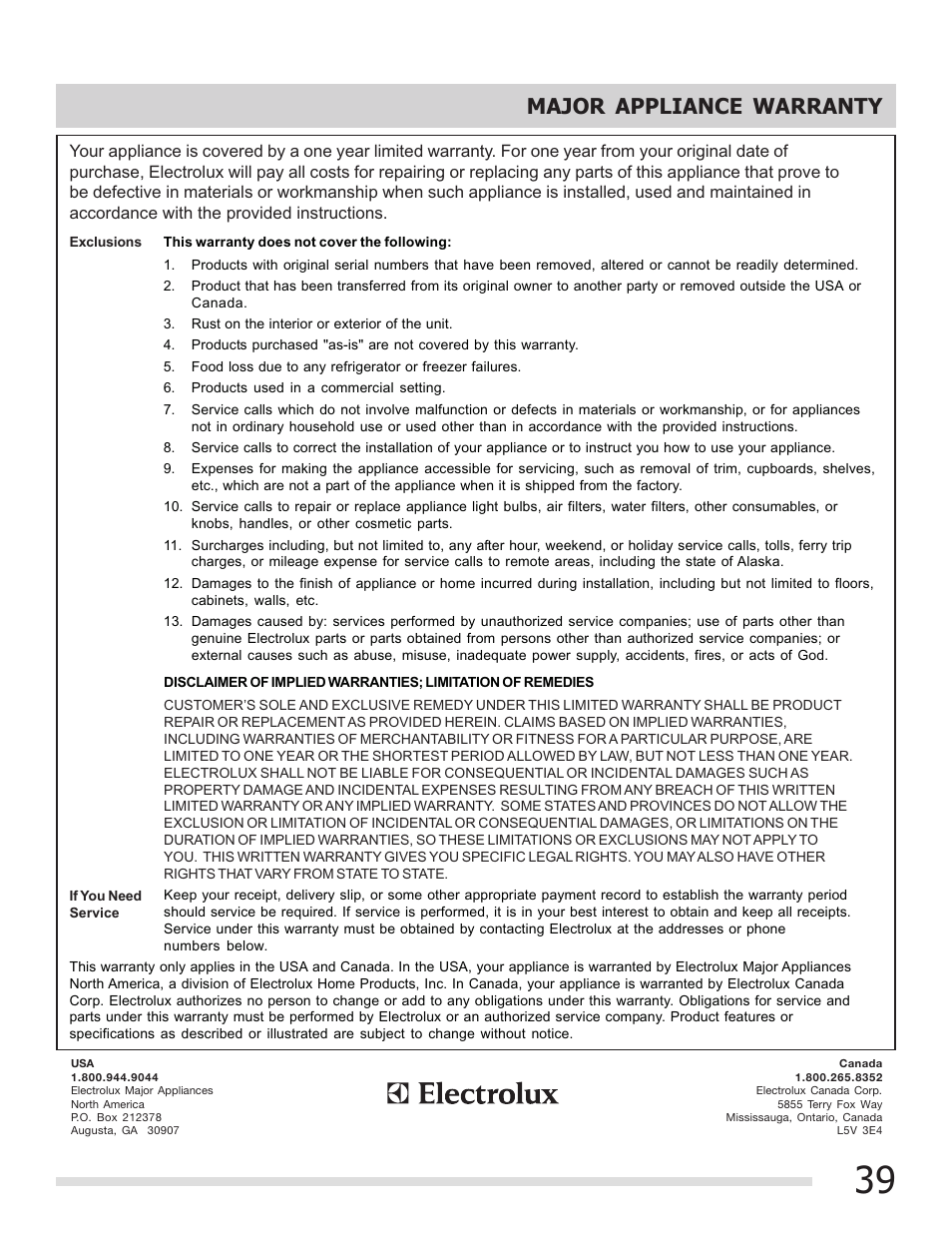 Major appliance warranty | FRIGIDAIRE 316902300 User Manual | Page 39 / 40
