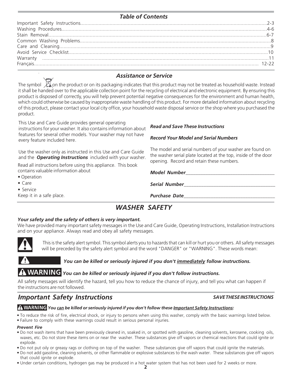 Important safety instructions, Washer safety, Danger | FRIGIDAIRE 134778700 User Manual | Page 2 / 11