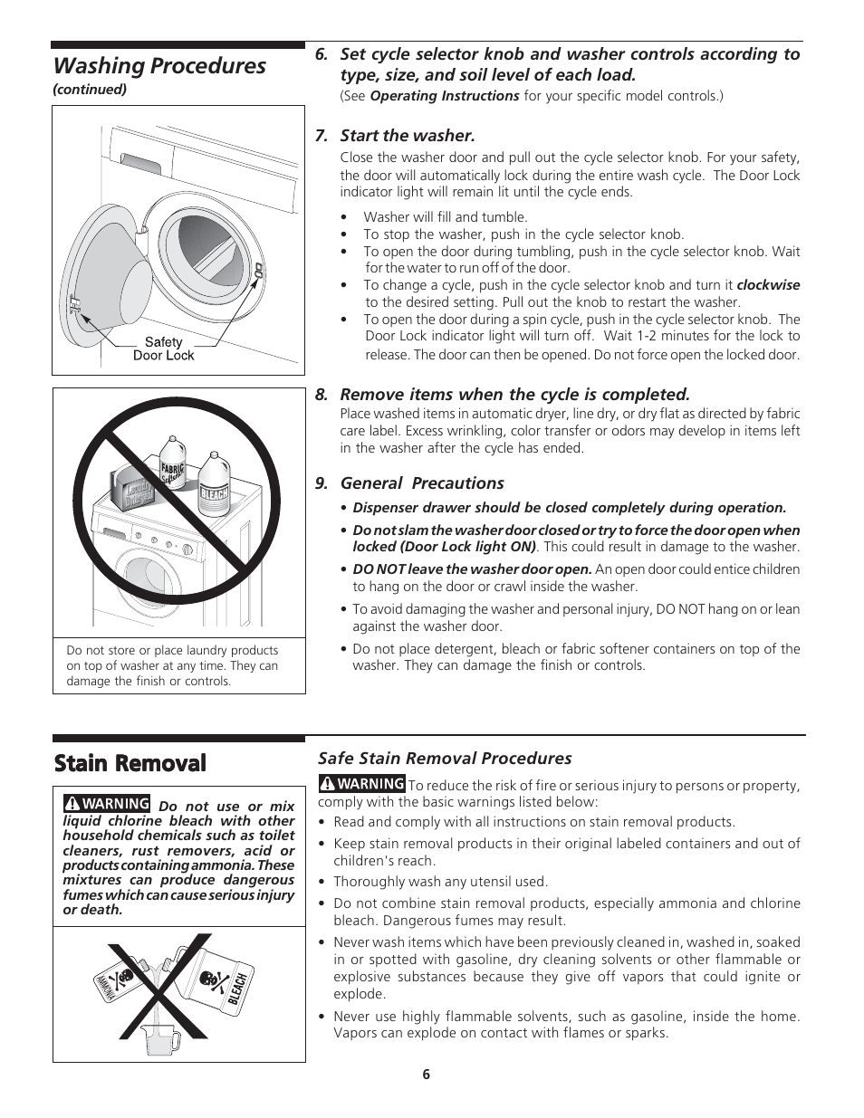 Washing procedures, Stain removal | FRIGIDAIRE 134778700 User Manual | Page 6 / 11