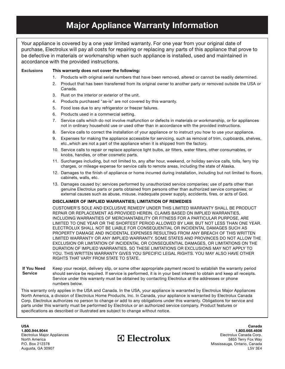 Major appliance warranty information | FRIGIDAIRE PL30WC4IEC User Manual | Page 8 / 8