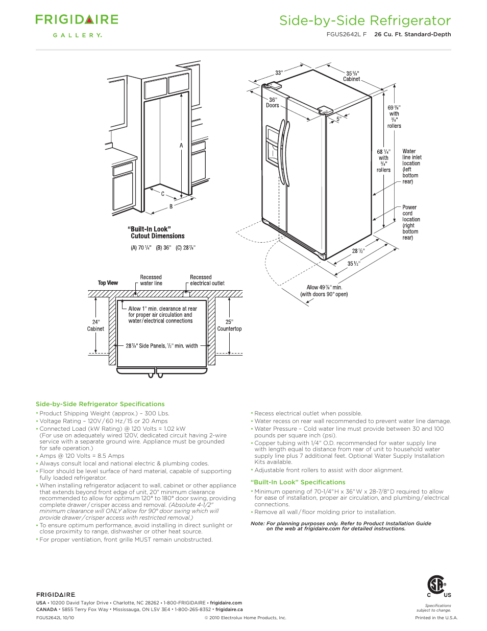 Standard-depth refrigerator - 26 cu. ft. gallery, Side-by-side refrigerator | FRIGIDAIRE FGUS2642L F User Manual | Page 3 / 4