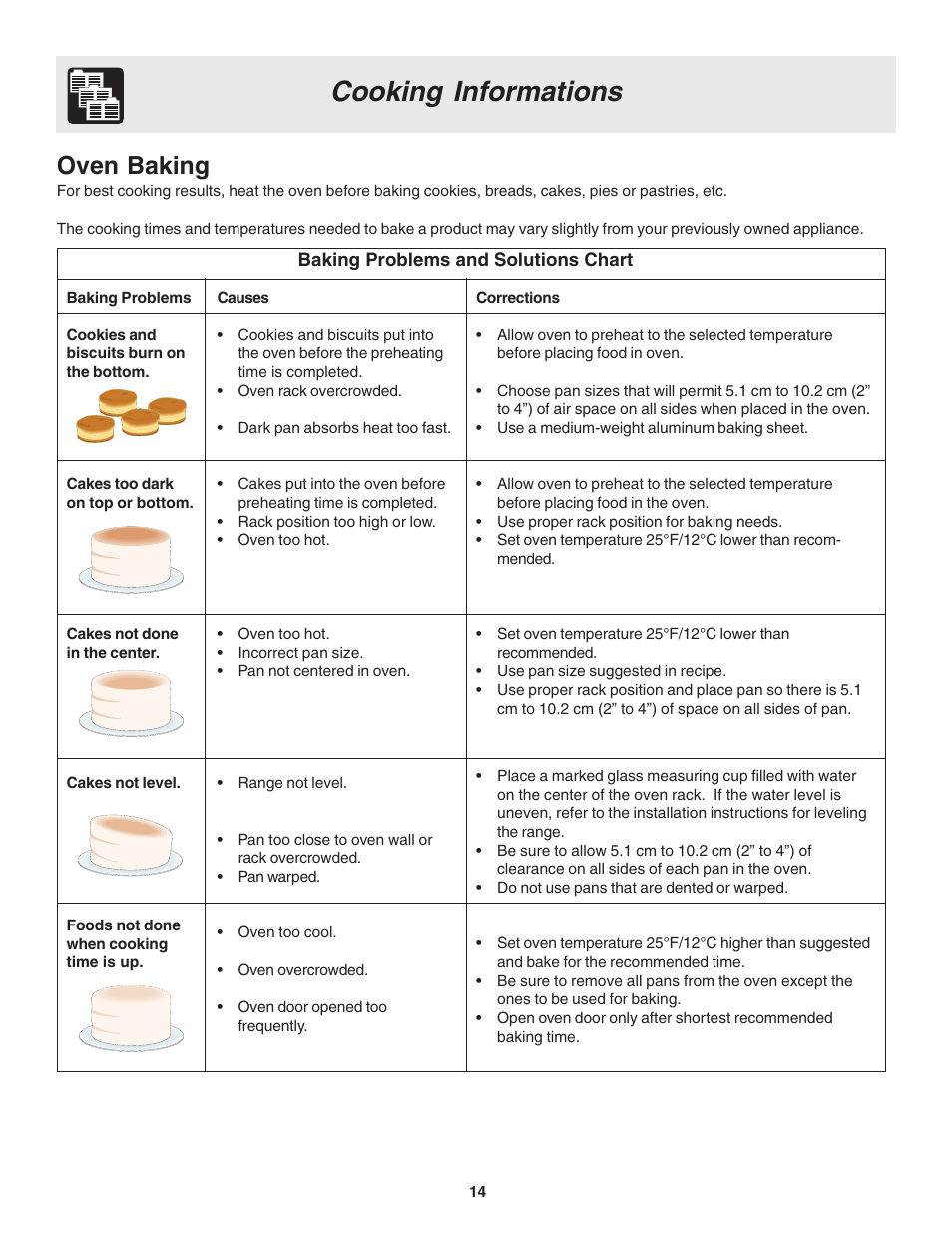 Cooking informations, Oven baking | FRIGIDAIRE Slide-in User Manual | Page 14 / 24