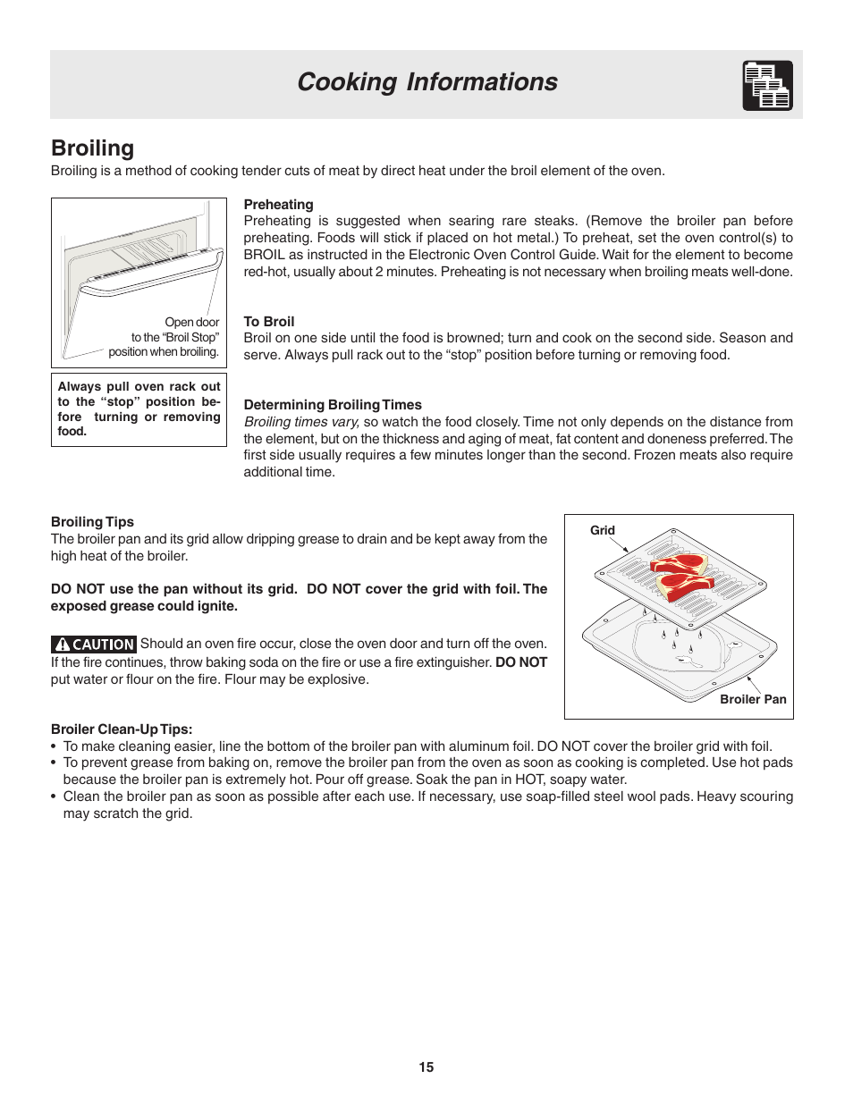 Cooking informations, Broiling | FRIGIDAIRE Slide-in User Manual | Page 15 / 24