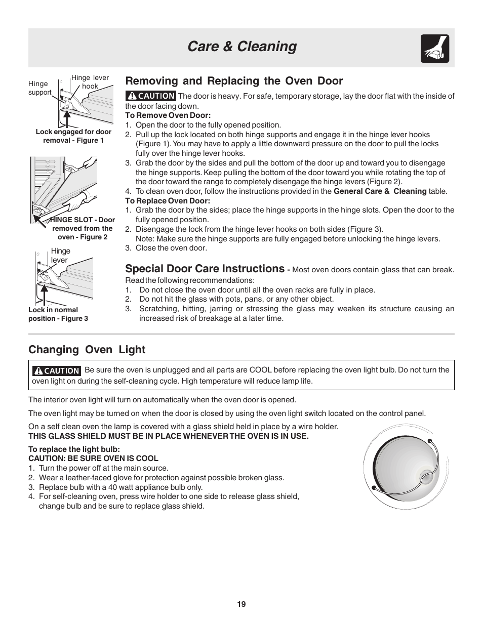 Care & cleaning, Changing oven light, Removing and replacing the oven door | Special door care instructions | FRIGIDAIRE Slide-in User Manual | Page 19 / 24