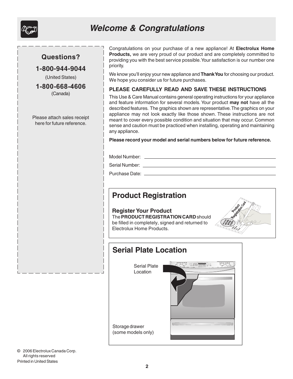 Product registration, Serial plate location | FRIGIDAIRE Slide-in User Manual | Page 2 / 24