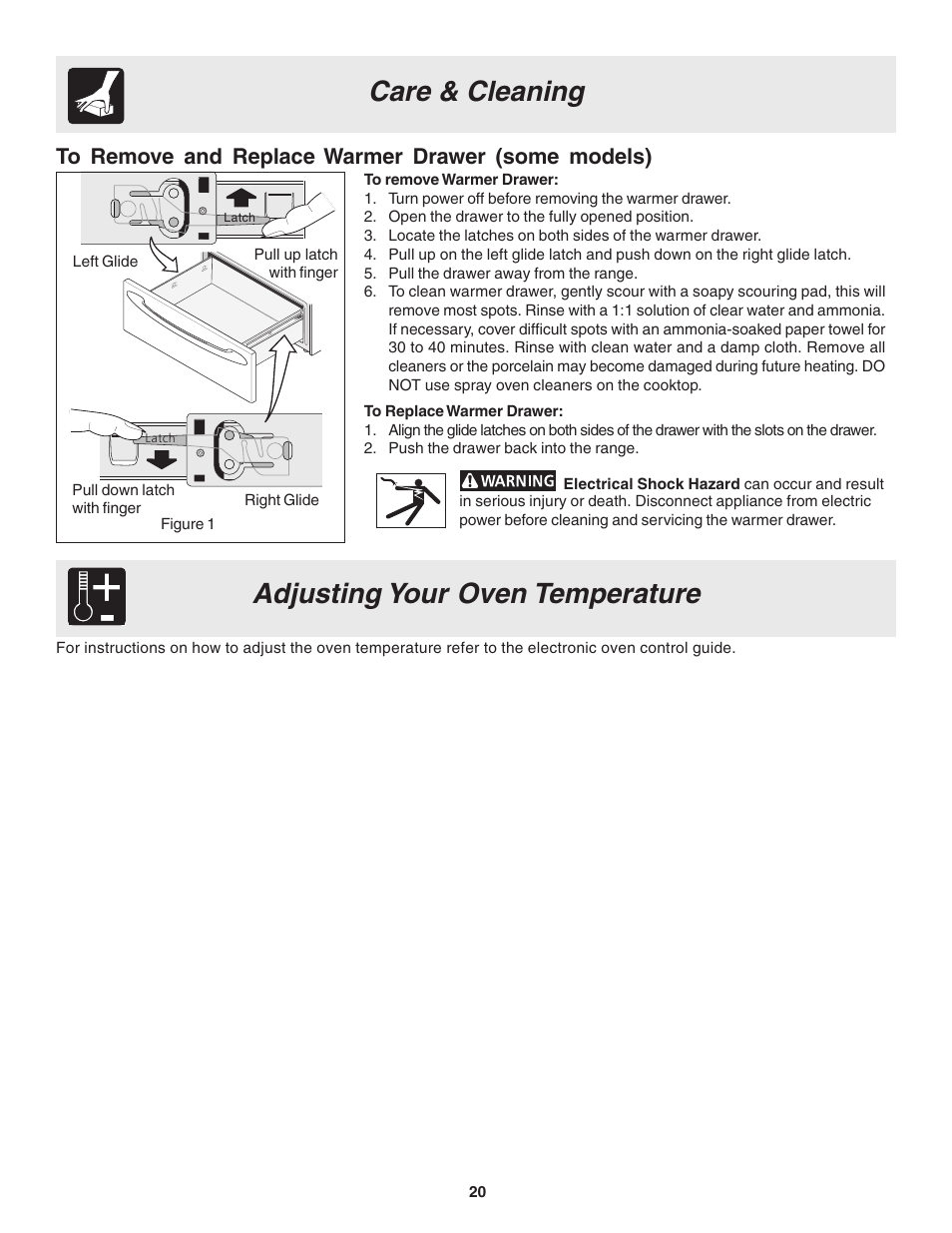 Adjusting your oven temperature, Care & cleaning | FRIGIDAIRE Slide-in User Manual | Page 20 / 24