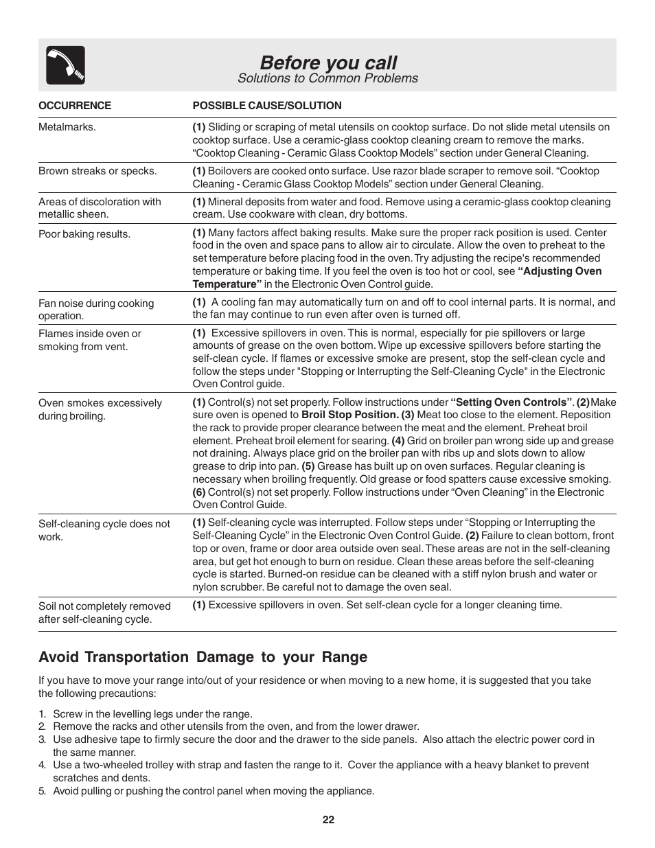 Before you call, Avoid transportation damage to your range, Solutions to common problems | FRIGIDAIRE Slide-in User Manual | Page 22 / 24