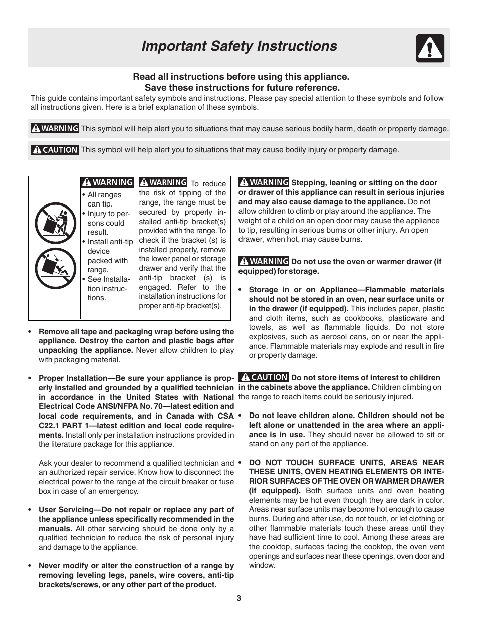 Important safety instructions | FRIGIDAIRE Slide-in User Manual | Page 3 / 24