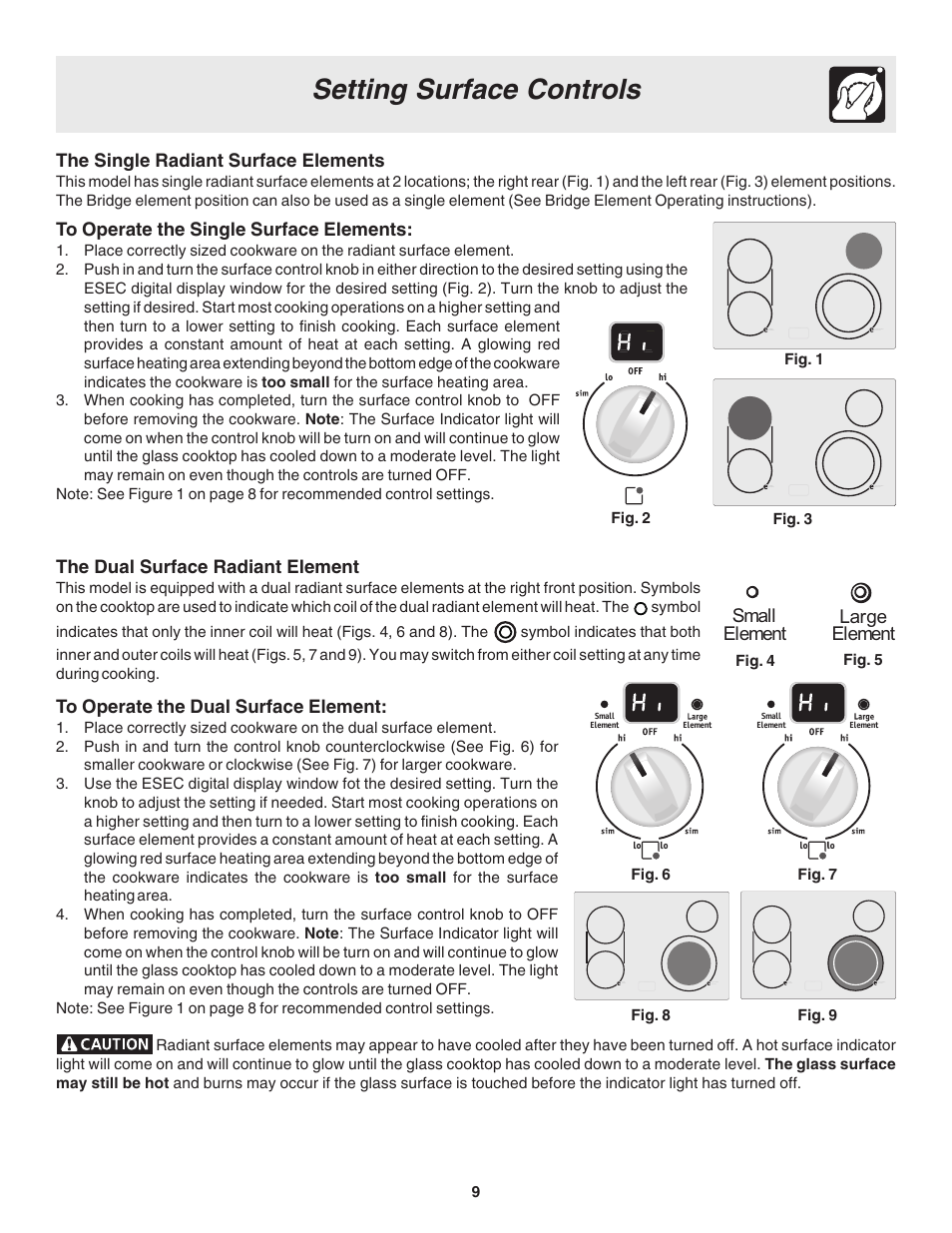 Setting surface controls, Small element large element | FRIGIDAIRE Slide-in User Manual | Page 9 / 24