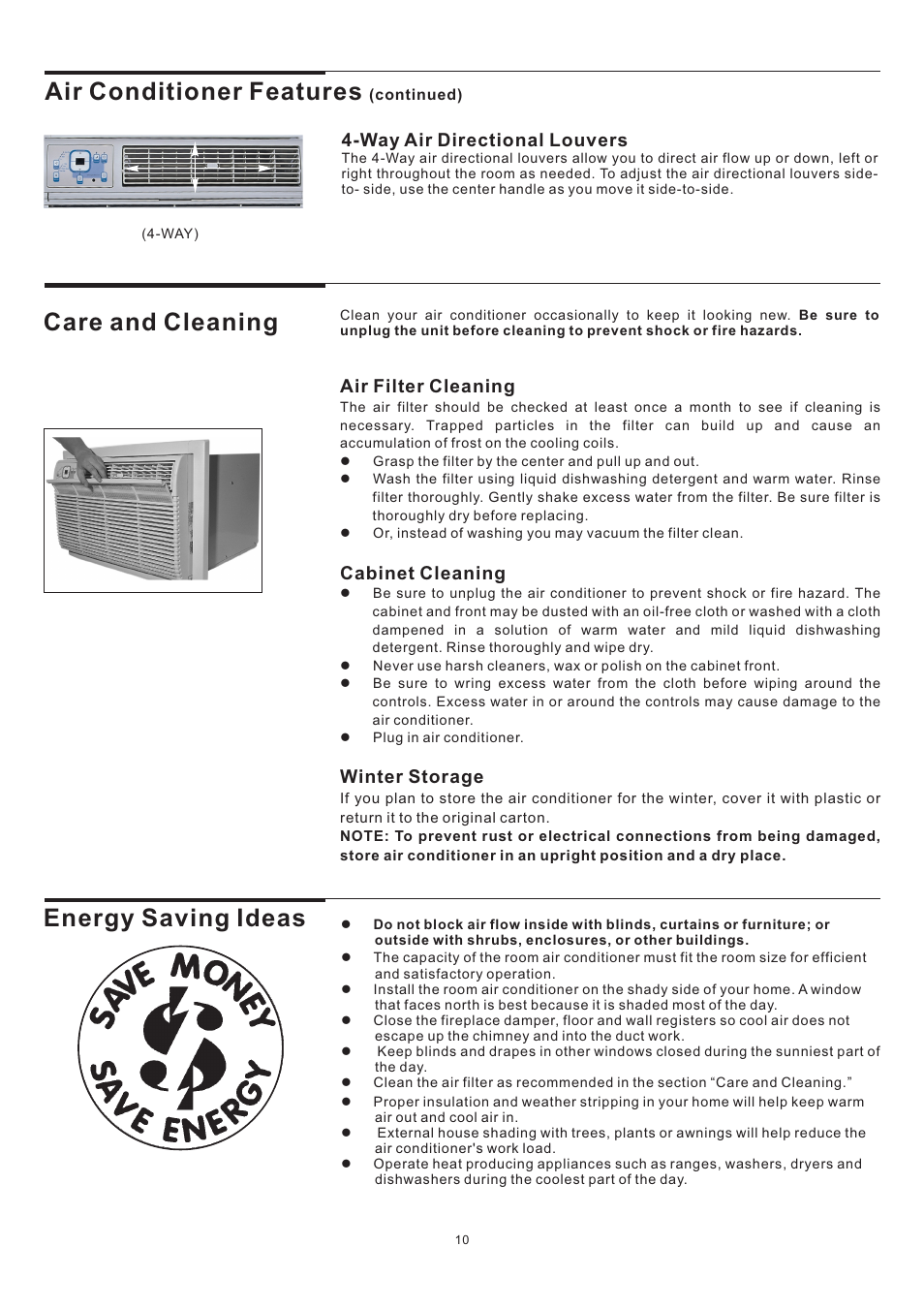 Air conditioner features, Care and cleaning, Energy saving ideas | Way air directional louvers | FRIGIDAIRE 5-10 User Manual | Page 10 / 11