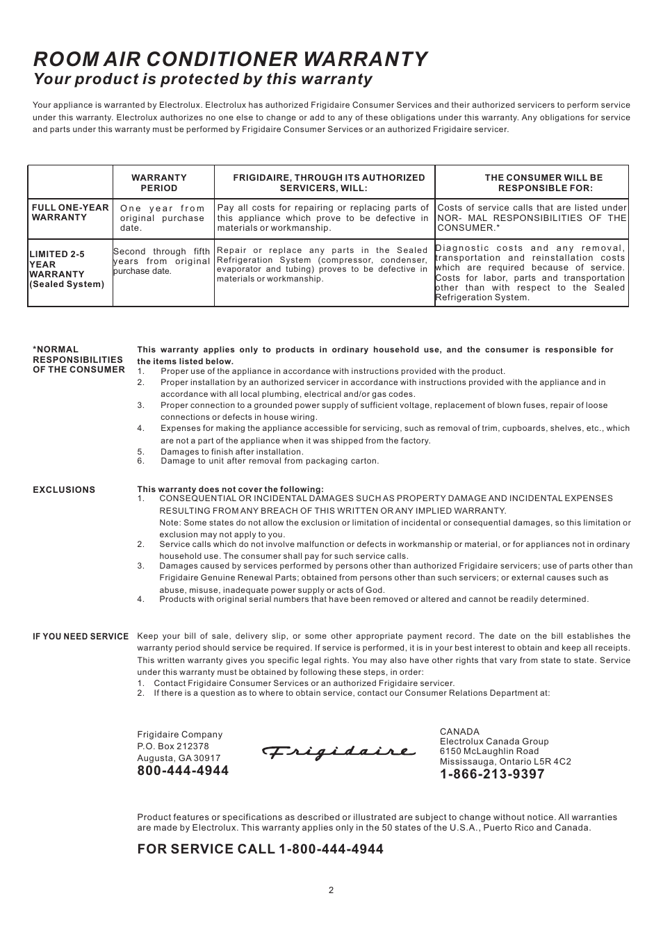 Room air conditioner warranty, Your product is protected by this warranty | FRIGIDAIRE 5-10 User Manual | Page 2 / 11