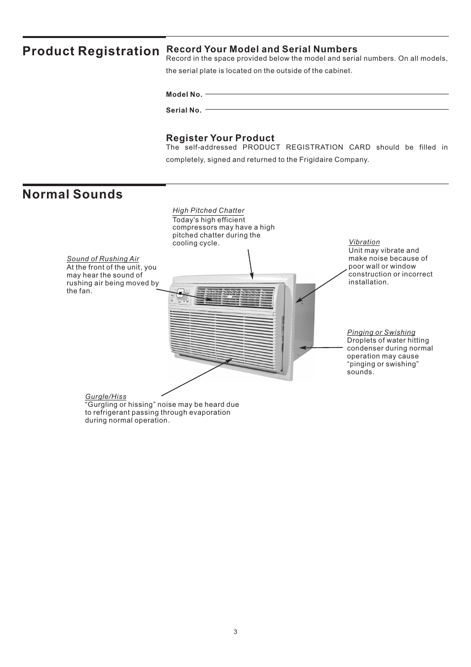 Product registration, Normal sounds | FRIGIDAIRE 5-10 User Manual | Page 3 / 11