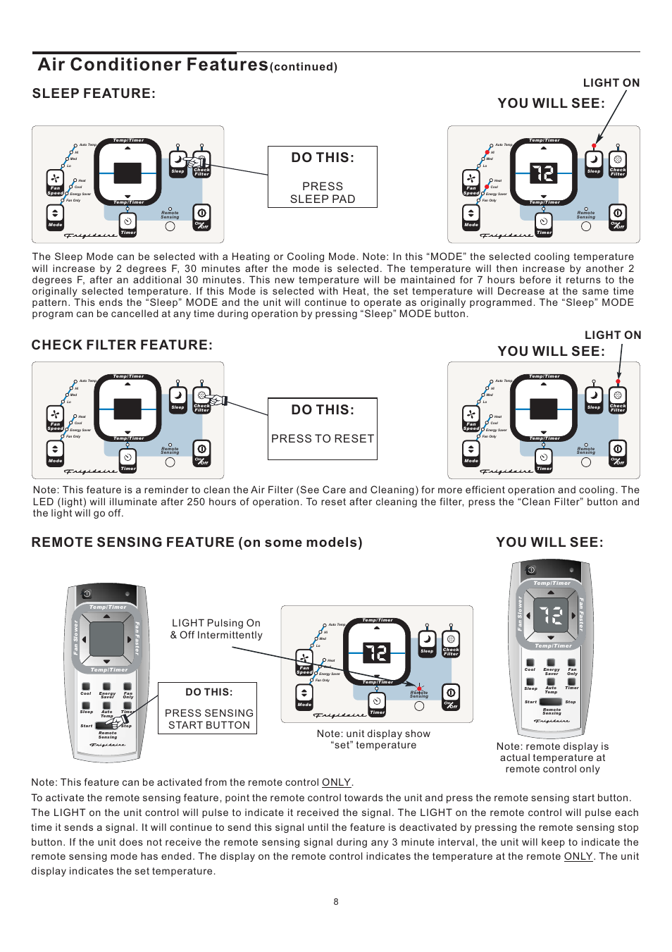 Air conditioner features, Do this, You will see | Sleep feature: do this, Check filter feature, Remote sensing feature (on some models), Press sleep pad light on, Continued), Press to reset light on | FRIGIDAIRE 5-10 User Manual | Page 8 / 11