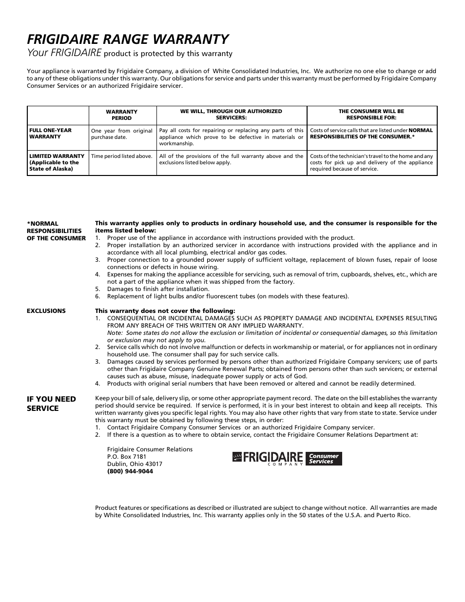 Frigidaire range warranty, Your frigidaire | FRIGIDAIRE Sprigfield Series Gas Range User Manual | Page 16 / 16