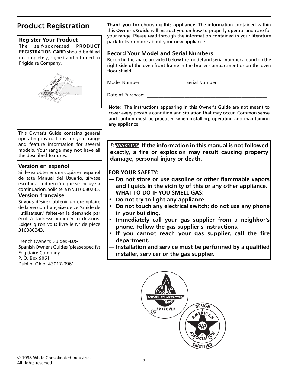 Product registration | FRIGIDAIRE Sprigfield Series Gas Range User Manual | Page 2 / 16